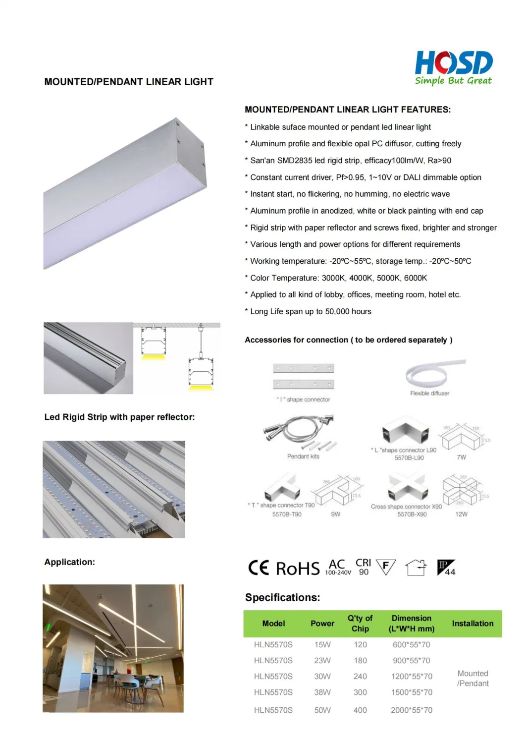 40W 4000lm CE SAA Aluminum Rigid Strip LED Office Pendant Linear Light